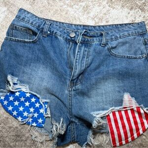 Red white and blue denim high waisted Jean Shorts with Patriotic Design